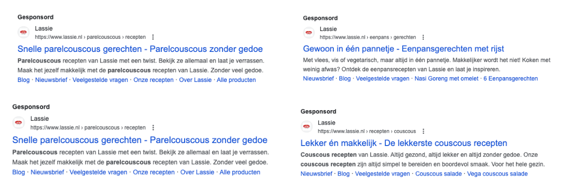 Voorbeelden van advertenties van Lassie in Google zoekresultaten.