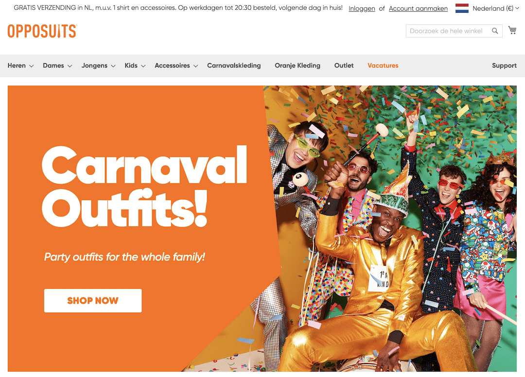 homepage opposuits.nl met carnaval outfits thema