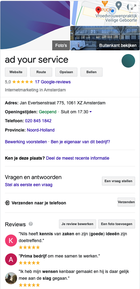 De bedrijfspagina van Ad your service in de google zoekresultaten