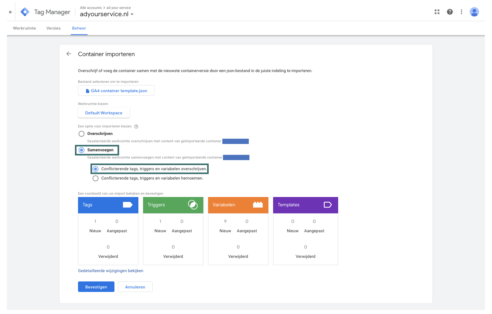 Google Analytics 4 e-commerce tracking: voeg het bestand samen en kies voor de optie 'conflicterende tags, triggers en variabelen overschrijven'