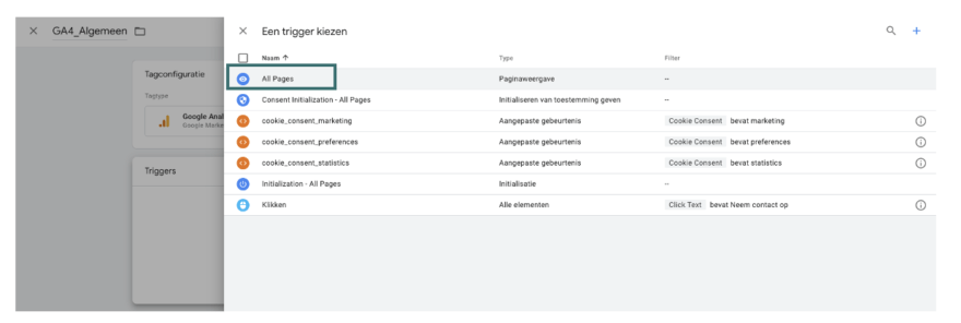 Google Analytics 4 e-commerce tracking: selecteer 'all pages' als trigger voor de Google Analytics 4 configuratietag