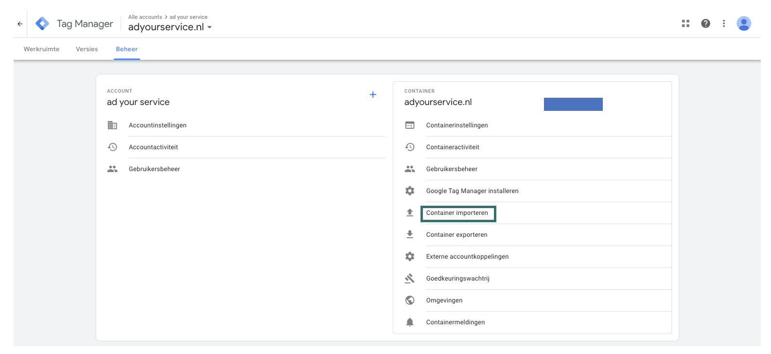 Google Analytics 4 e-commerce tracking: selecteer de optie om een container te importeren