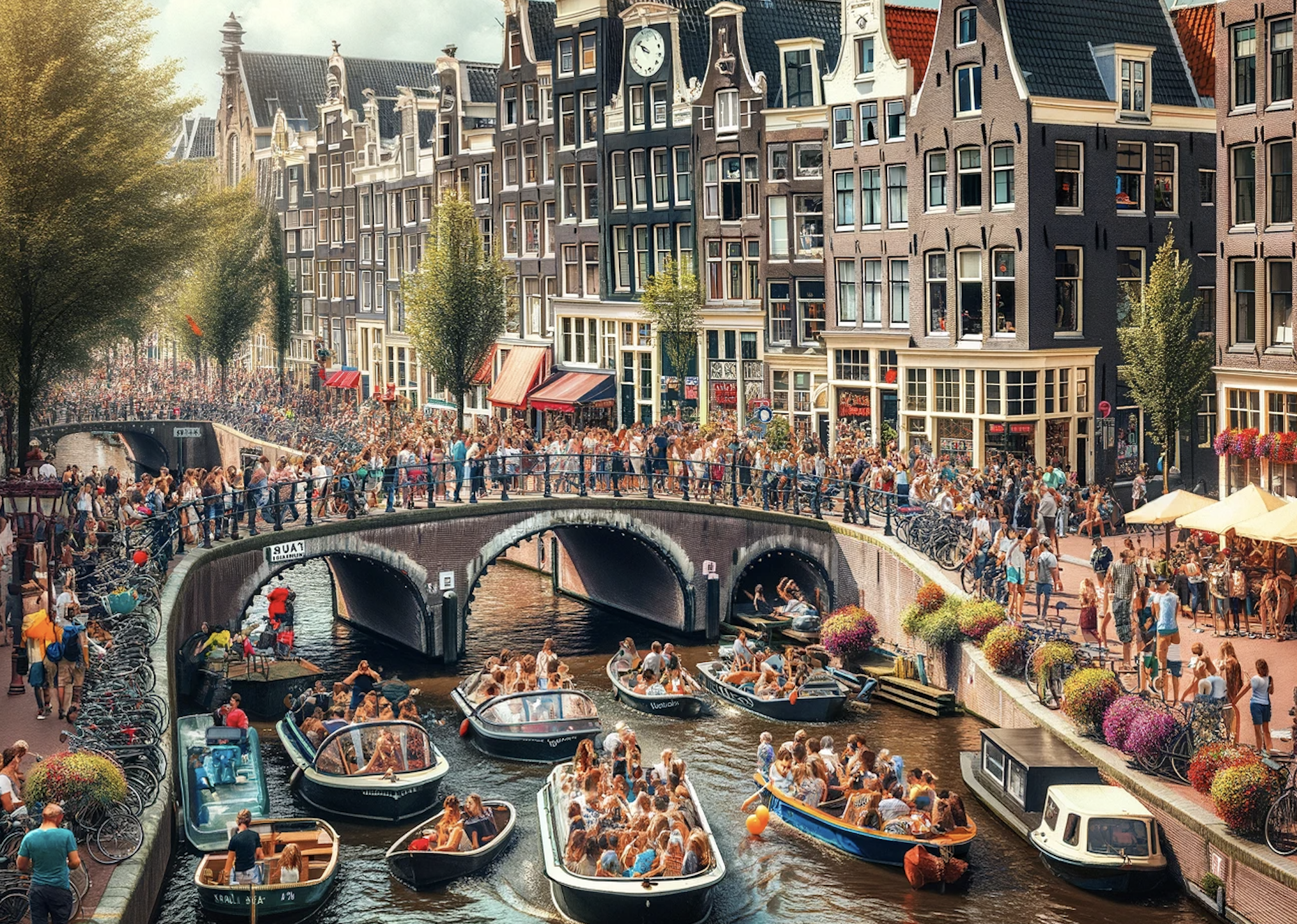 Amsterdamse grachten met toeristen