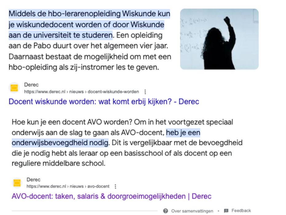 Seo resultaten van Derec