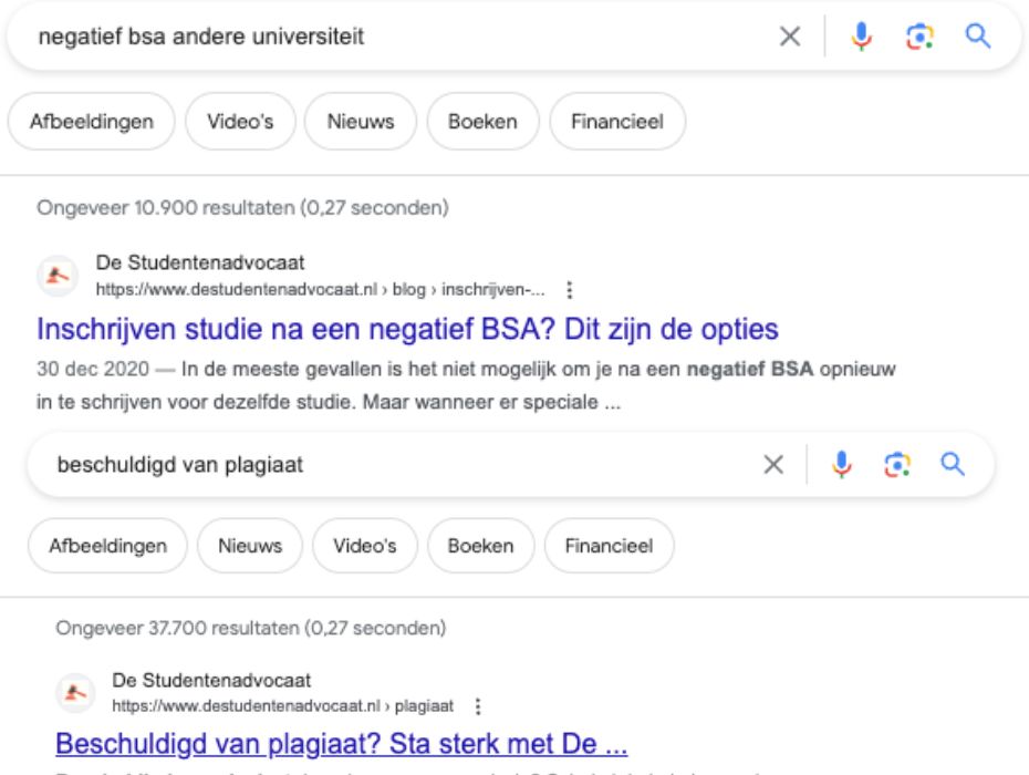 SEO resultaten de studentenadvocaat